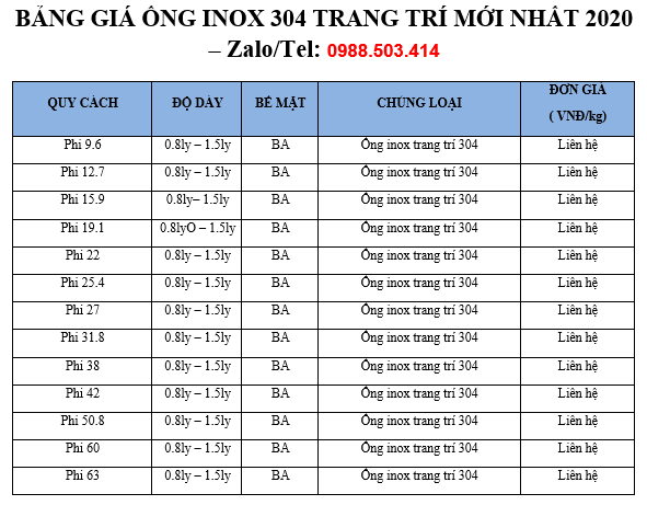 bang gia inox trang tri